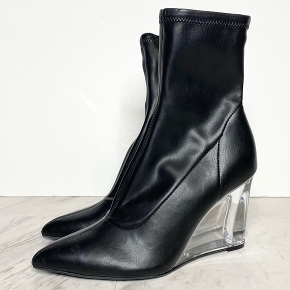 Open Edit Erika Black Faux Leather Pointy Toe Wedge Heel Bootie 7 1/2 M - Picture 1 of 16